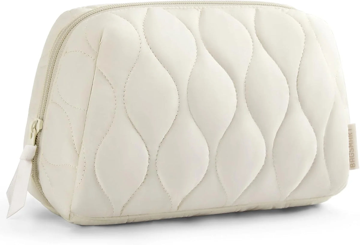 BAGSMART Makeup Bag, Travel Cosmetic Bag, Puffy Padded Make Up Bag for Women, Makeup Organizer Case, Wide-open Pouch Purse, Travel Essentials, Toiletries Accessories Brushes, Beige