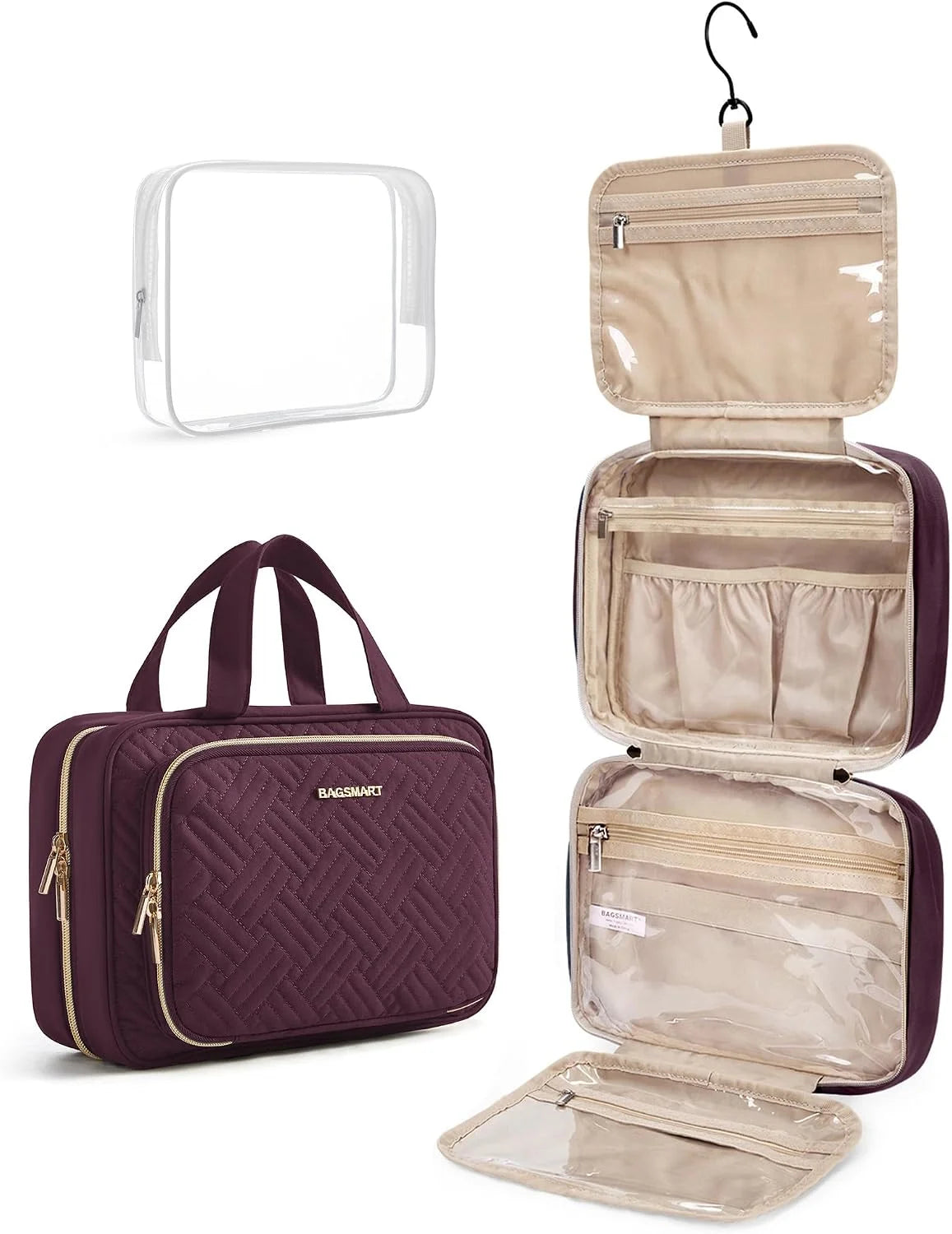 BAGSMART Toiletry Bag Hanging Travel Makeup Organizer with TSA Approved Transparent Cosmetic Bag Makeup Bag for Full Sized Toiletries(Cherry Red)