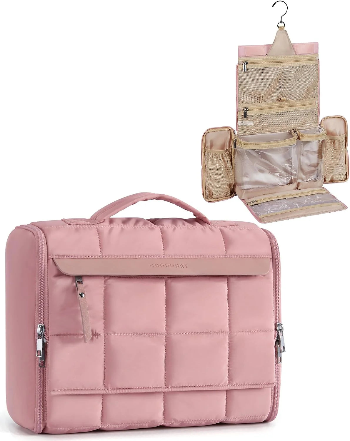 BAGSMART Travel Toiletry Bag for Women, Full-open Hanging, Dark Pink | Extra Large Puffy Cosmetic Makeup Bag Organizer with Handle for Accessories, Essentials, Toiletries