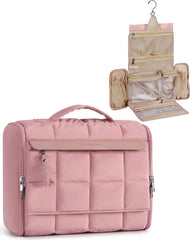 BAGSMART Travel Toiletry Bag for Women, Full-open Hanging, Dark Pink | Extra Large Puffy Cosmetic Makeup Bag Organizer with Handle for Accessories, Essentials, Toiletries