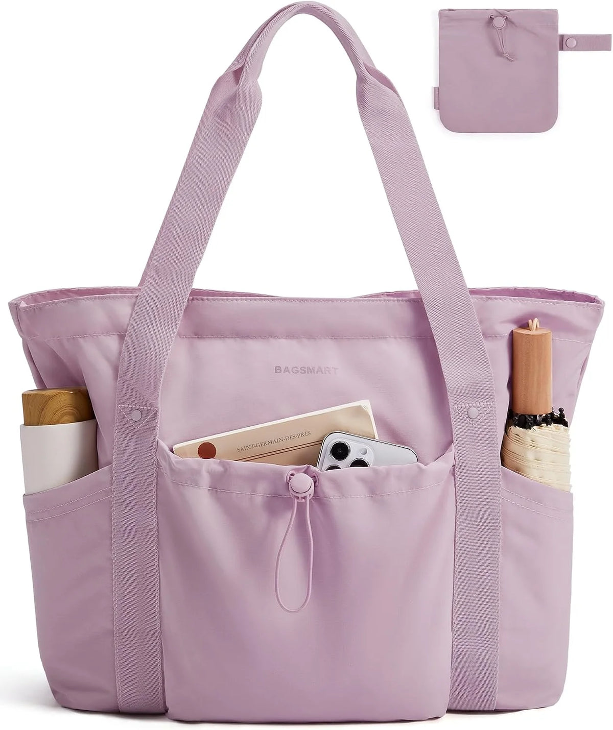 BAGSMART Foldable Tote Bag with Drawstring Bag, Tote Bag Shoulder Bag Top Handle Handbag for Travel, Work, Beach, Gym