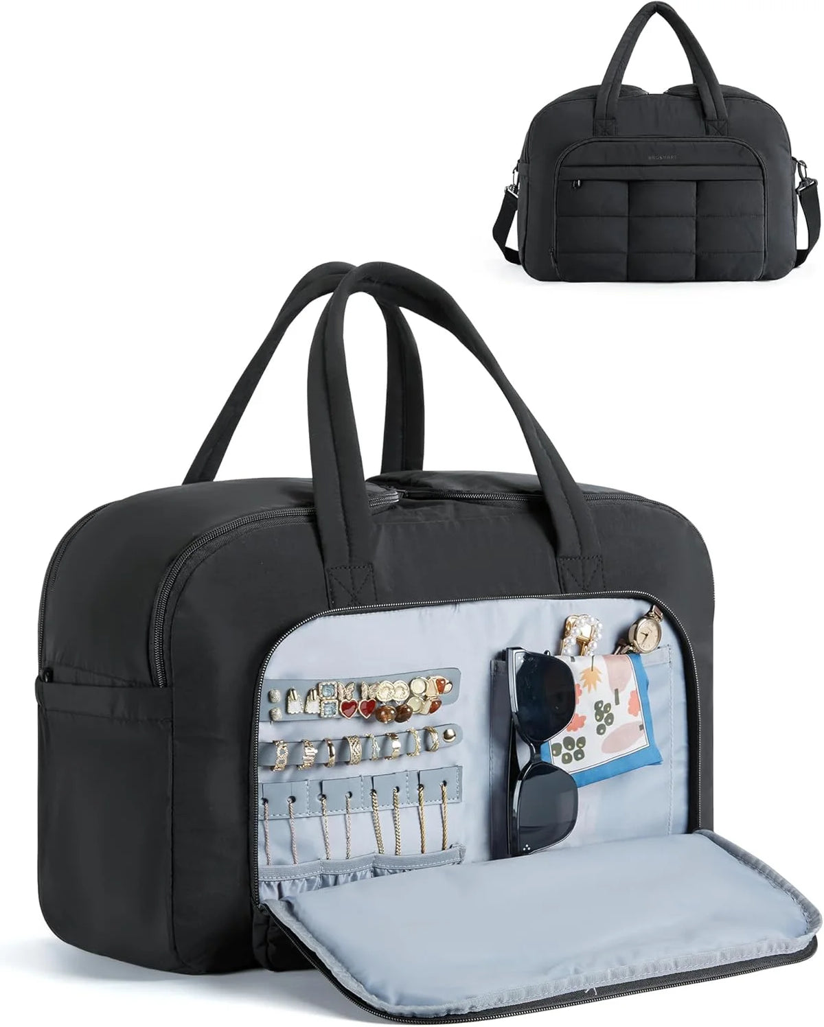 BAGSMART Travel Duffel Bag, Carry on Travel Bag with Jewelry Compartment, 35L Weekender Duffle for Women, Water Resistant, Black