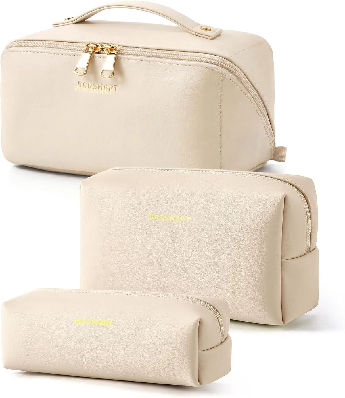 BAGSMART Makeup Bag Travel 3 Pcs Set Cosmetic Bag,Toiletry Bag,Cream Beige