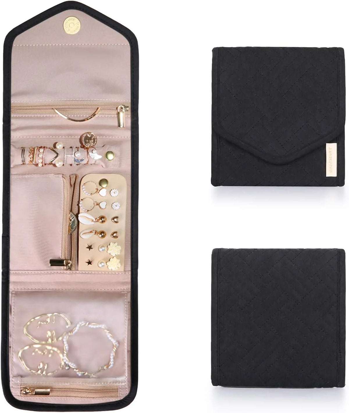 BAGSMART Travel Jewelry Organizer Case Foldable Jewelry Roll, Mini, Black
