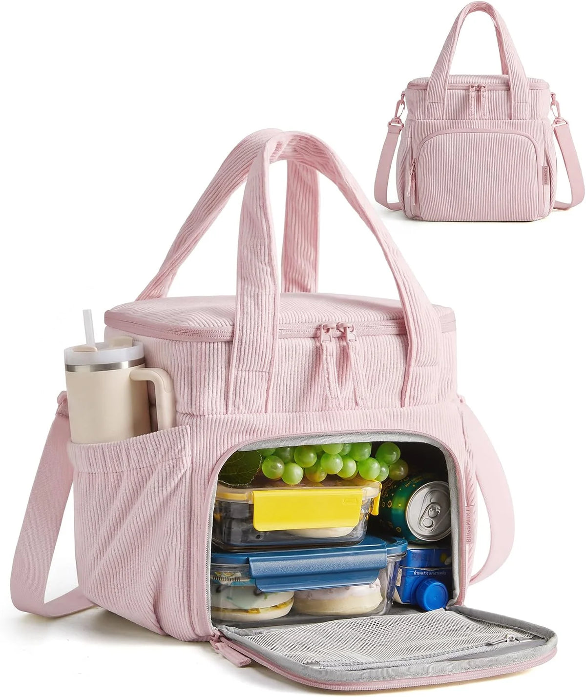 BAGSMART Corduroy Large Lunch Bag Women 14L Double Deck Insulated Lunch Box