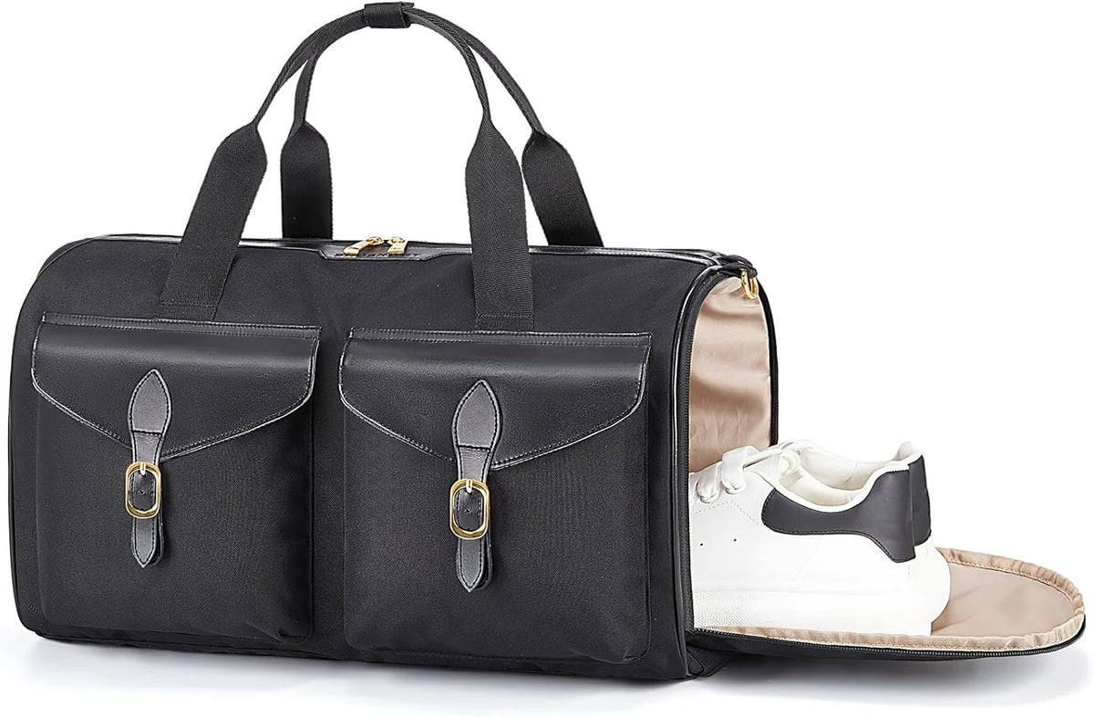 BAGSMART Duffel Bag for Women, Vintage Weekender Bag, Overnight Gym Carry on Personal Item for Travel, Black, Water-Resistant, 18.9x9.6x11.8 Inches