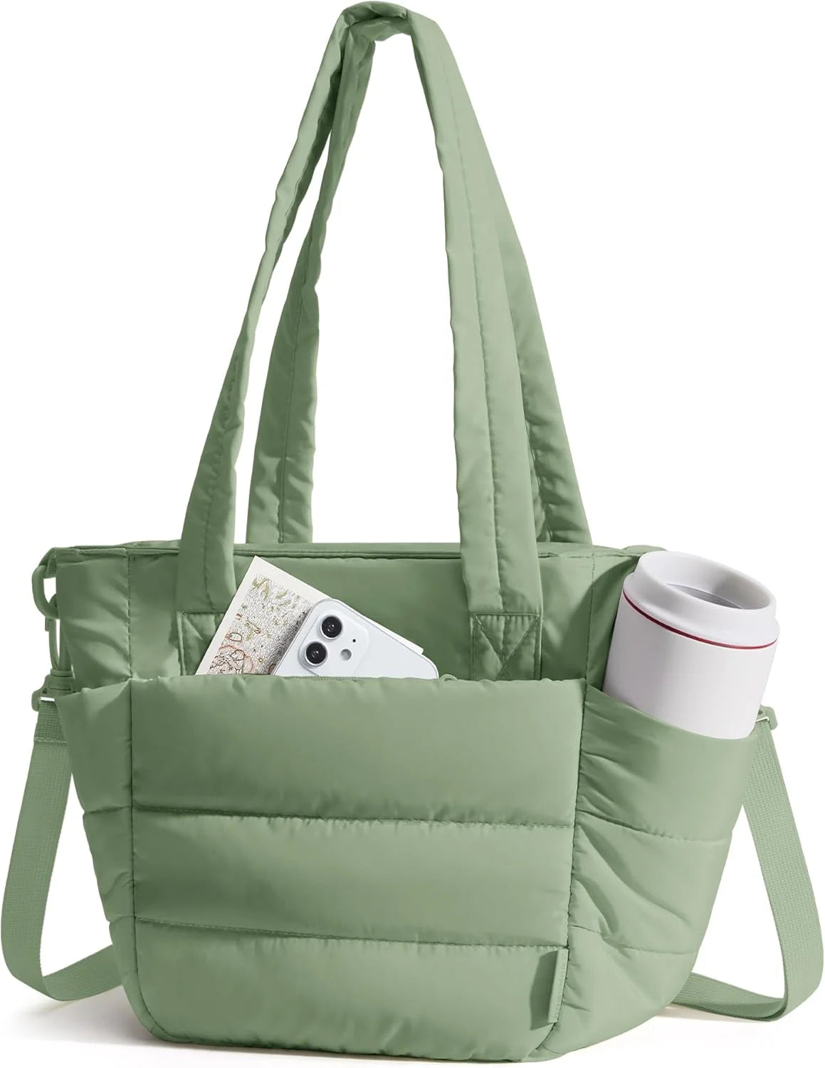 BAGSMART Lunch Bag Women Small Insulated Tote with Lunch Compartment Quilted Lightweight Puffy Tote Bag for Work, Travel, Outdoor, Green