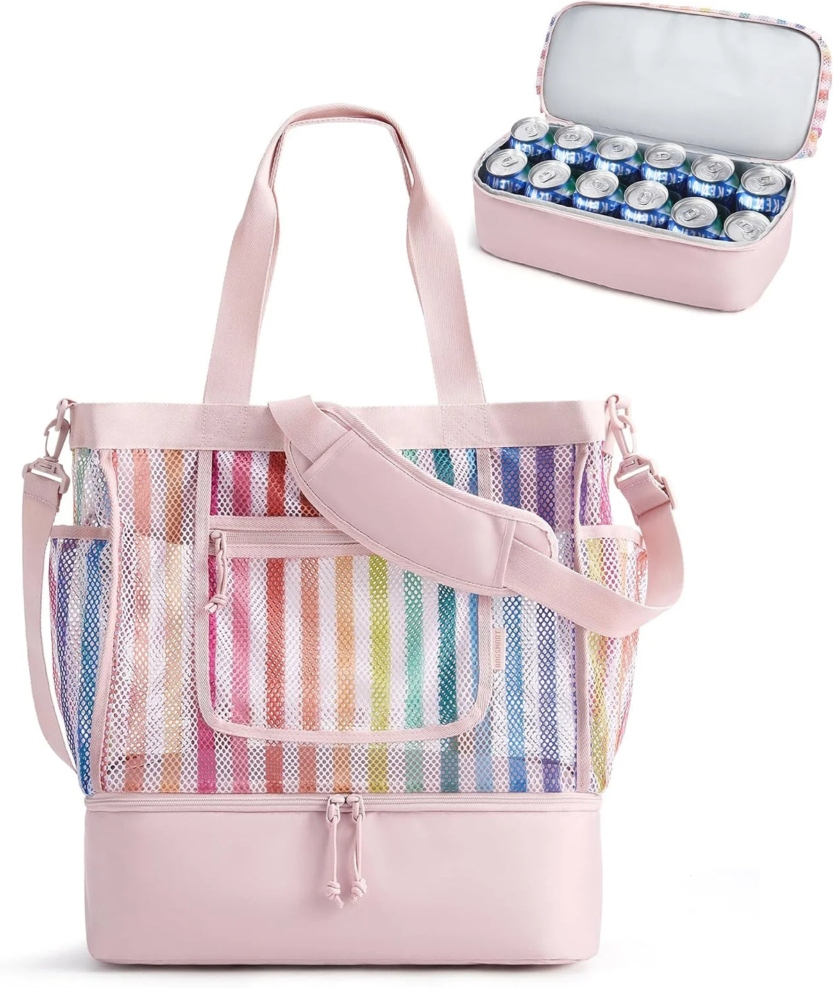 BAGSMART Beach Bag for Women, Mesh Tote Bags with Zipper, Sandproof Vacation Essentials with Cooler for Swim Cruise Pool