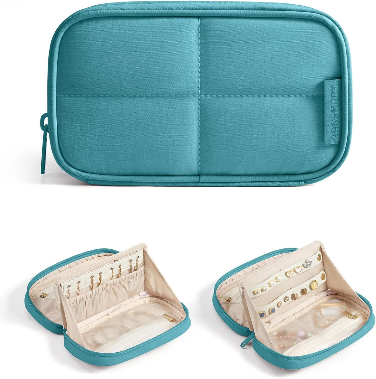 BAGSMART Travel Jewelry Case 180° Flat Open Puffer Dual-Compartment, Green