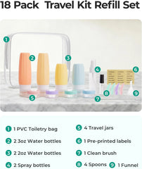 BAGSMART 18 Pack TSA Approved Travel Bottles for Toiletries, Leak Proof Silicone Travel Size Containers Bottles for Shampoo, Soft Pastel