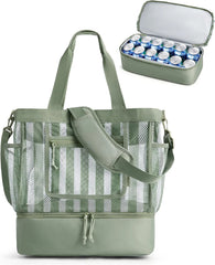 BAGSMART Beach Bag for Women, Mesh Tote Bags with Zipper, Sandproof Vacation Essentials with Cooler for Swim Cruise Pool