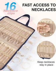 BAGSMART Travel Jewelry Organizer Case Portable Jewelry Roll Bag Tangle-free Necklace Storage Foldable Transparent Pockets for Earrings Rings Bracelet Travel Essentials Dark Blue Large