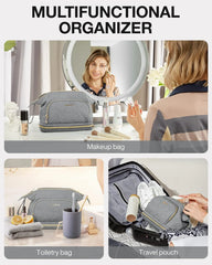 BAGSMART Travel Makeup Bag, Cosmetic Bag Make Up Organizer Case, Large Wide-open Pouch for Women Double Layers Purse for Toiletries Accessories Brushes Greey
