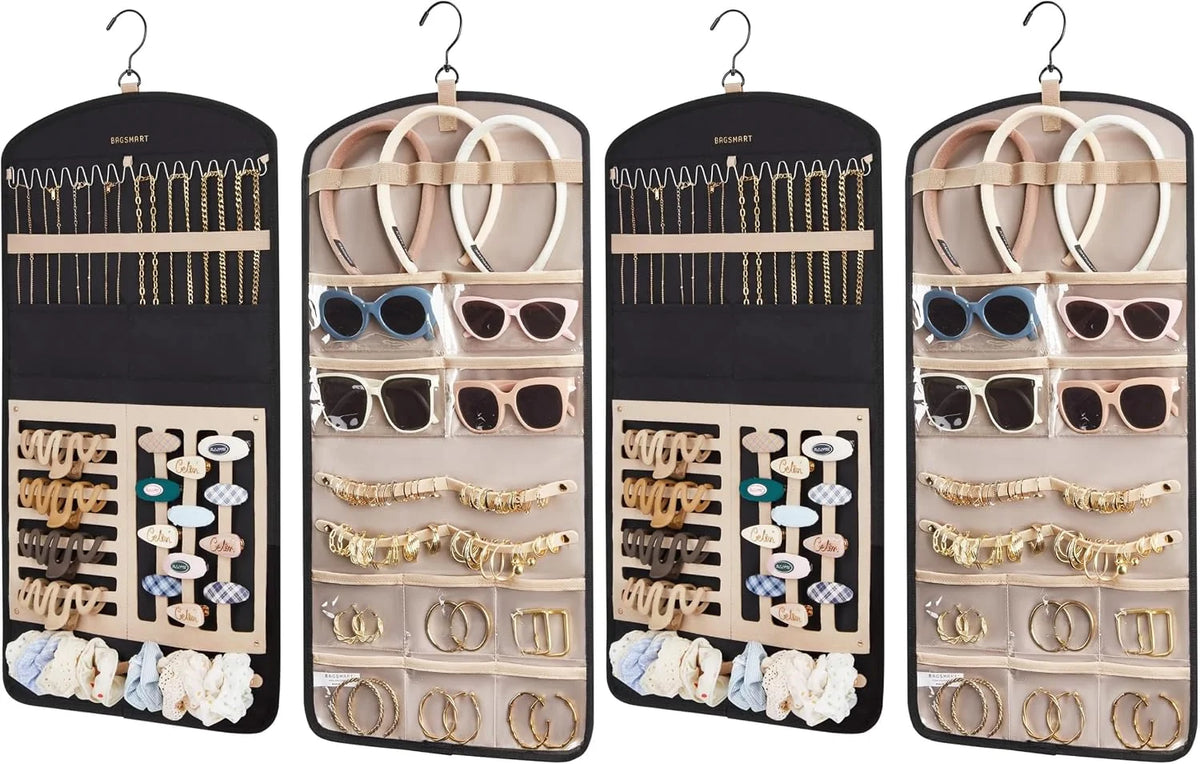 BAGSMART Hanging Jewelry Organizer Claw Clip Necklace Holder Roll for Hair Ties, Headbands, Clips, Earrings, Necklaces, Glasses Double-Sided on Closet, Wall, Door, 1 piece, Large-Black (Pack of 2)