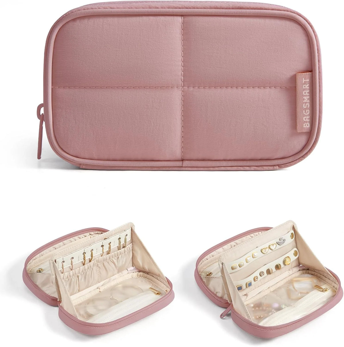 BAGSMART Travel Jewelry Case 180° Flat Open Dual-Compartment, Nude Pink