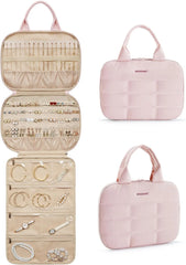 BAGSMART Travel Jewelry Case, Hanging Jewelry Organizer with Zipper Pockets, Large Capacity Puffy Jewelry Roll for Earrings, Necklaces, Rings on Closet, Wall, Door, Portable Travel Essentials, Pink