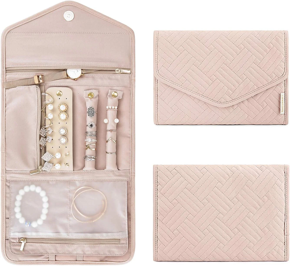 BAGSMART Travel Jewelry Organizer Roll Foldable Jewelry Case,Soft Pink