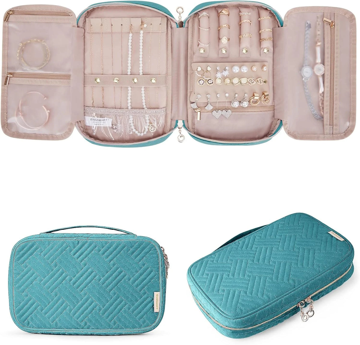 BAGSMART Jewelry Organizer Case Large Travel Jewelry Storage Bag,Teal