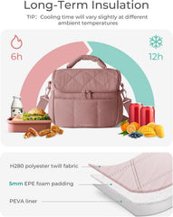BAGSMART Insulated Lunch Bags for Women, Cute Quilted Lunch Box, Dark Pink