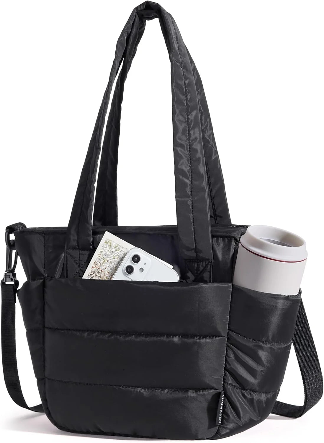 BAGSMART Lunch Bag Women Small Insulated Tote with Lunch Compartment Quilted Lightweight Puffy Tote Bag for Work, Travel, Outdoor, Black