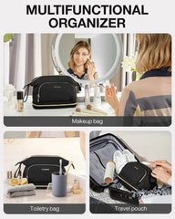 BAGSMART Travel Makeup Bag, Cosmetic Bag Make Up Organizer Case, Large Wide-open Pouch for Women Double Layers Purse for Toiletries Accessories Brushes Black