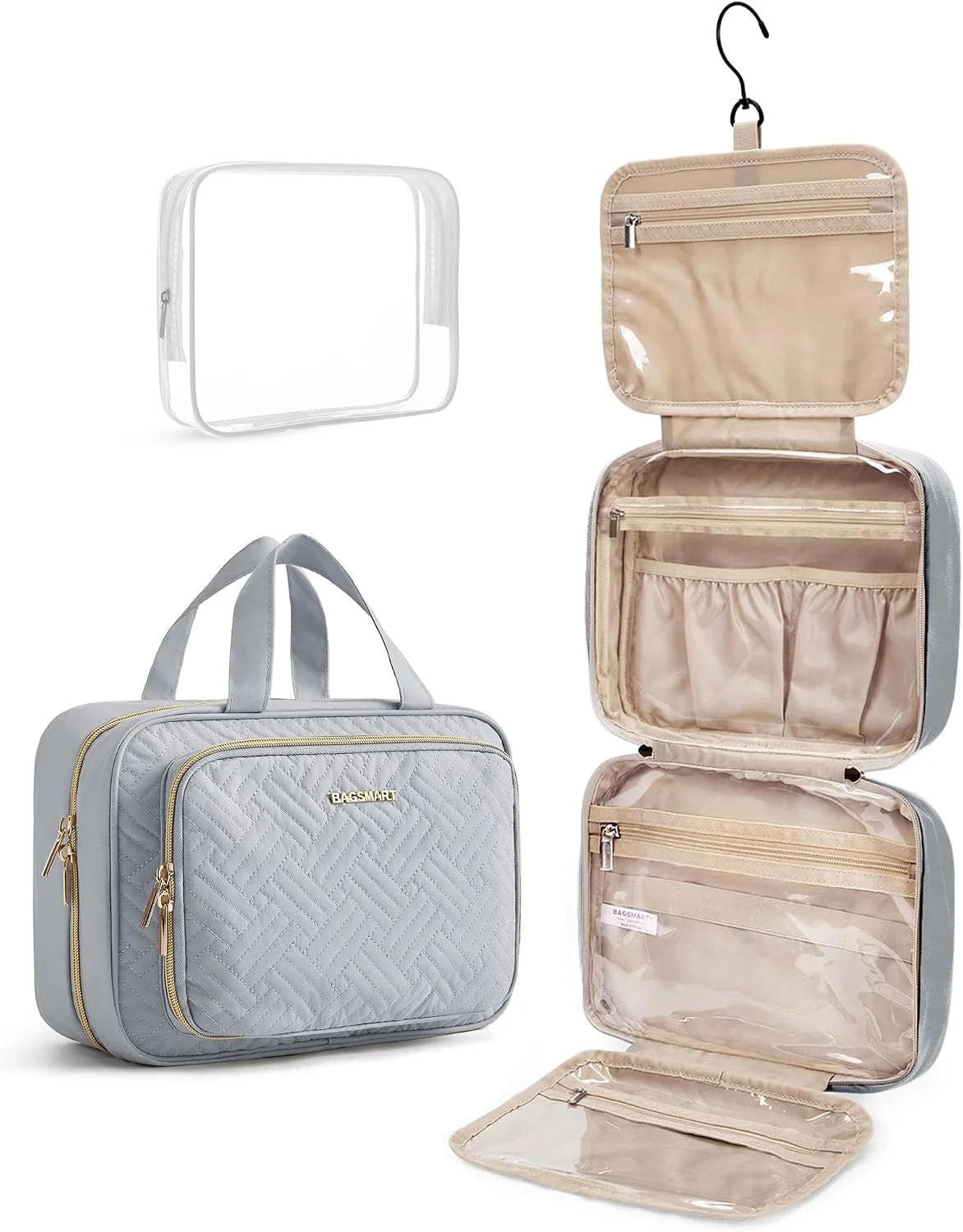 BAGSMART Toiletry Bag Hanging Travel Makeup Organizer with TSA Approved Transparent Cosmetic Bag Makeup Bag for Full Sized Toiletries, Medium-Grey