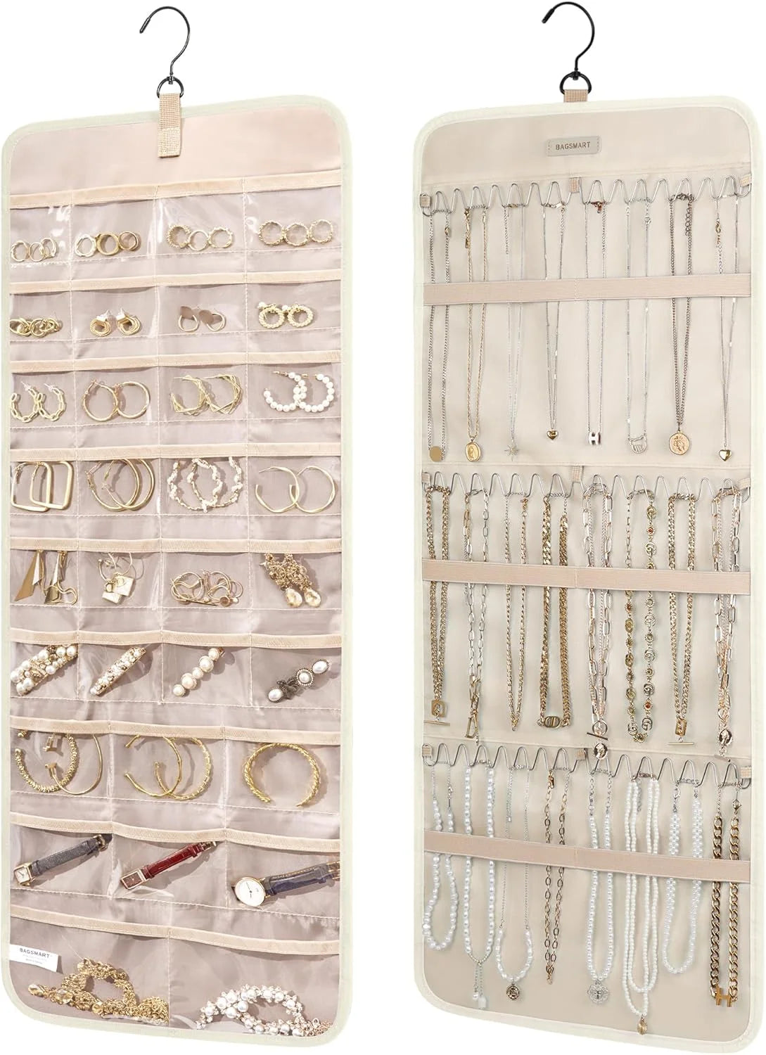 BAGSMART Hanging Jewelry Organizer Necklace/Earring/Ring 2-Sided L Beige