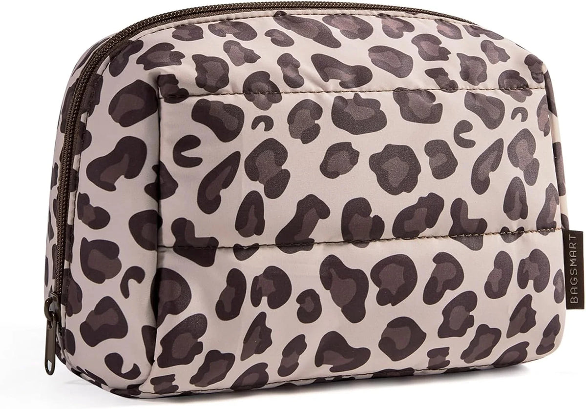 BAGSMART Small Makeup Bag, Puffy Wide-open Zipper Cosmetic Pouch, Leopard