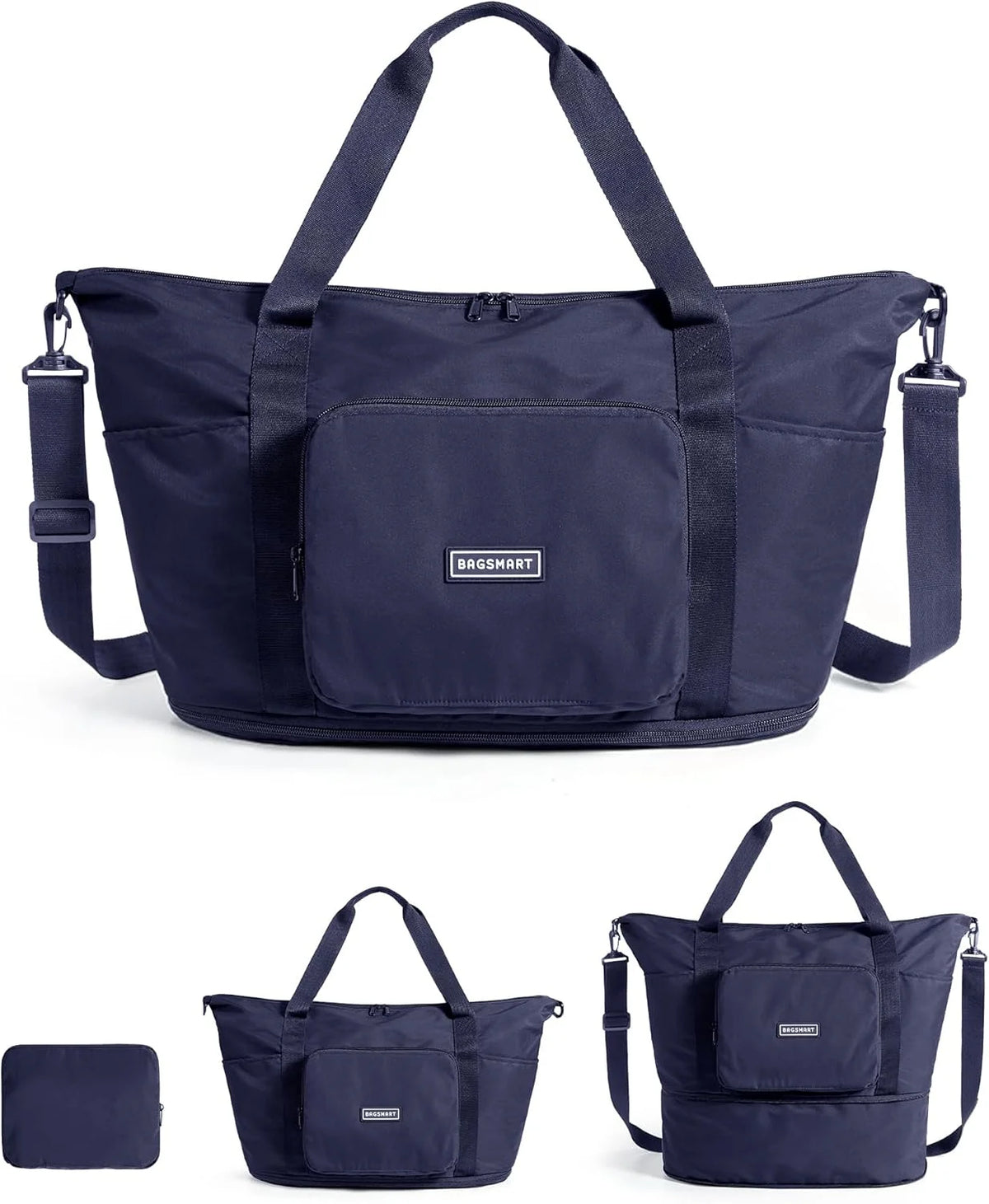 BAGSMART Foldable Travel Bag, 37L Expandable Personal Item Bag, Navy Blue