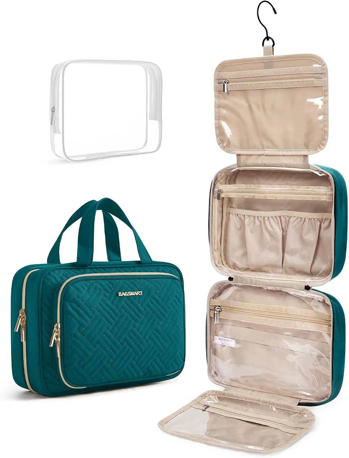 BAGSMART Toiletry Bag Hanging Travel Makeup Organizer with TSA Approved Transparent Cosmetic Bag Makeup Bag for Full Sized Toiletries（Sage Green）