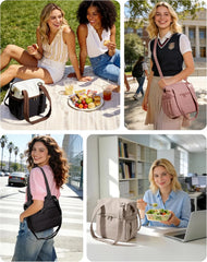 BAGSMART Double Deck Lunch Bag Women, Insulated Reusable Lunch Box, Quilted Puffer Lunch Tote with Shoulder Strap, Durable Large Lunch Cooler For Work Picnic Travel Meal Prep Flight, Beige + Black