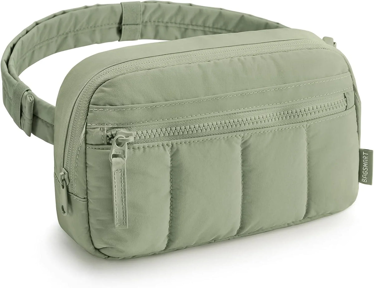 BAGSMART Fanny Packs for Women Cross Body, Quilted Puffy Belt Bag with Pockets, Fashion Waist Packs for Traveling Hiking Green