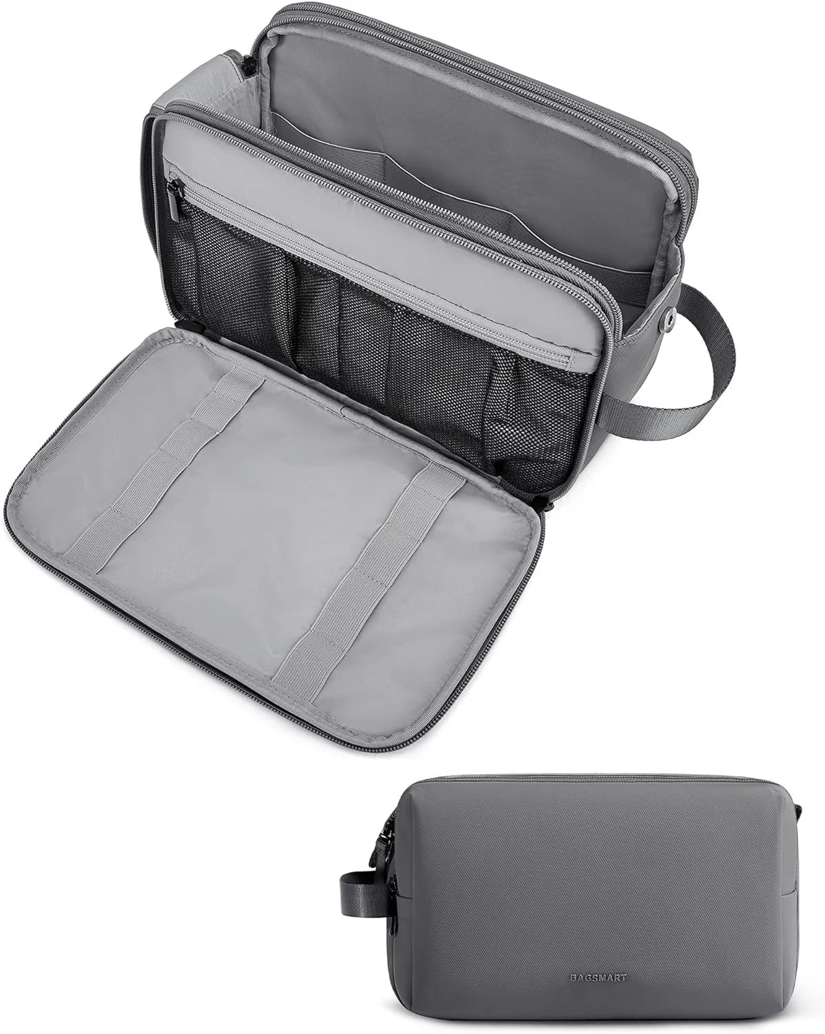 BAGSMART Toiletry Bag for Men, Travel Toiletry Organizer Dopp Kit Water-resistant Shaving Bag for Toiletries Accessories, Door Room Essentials,Grey-large