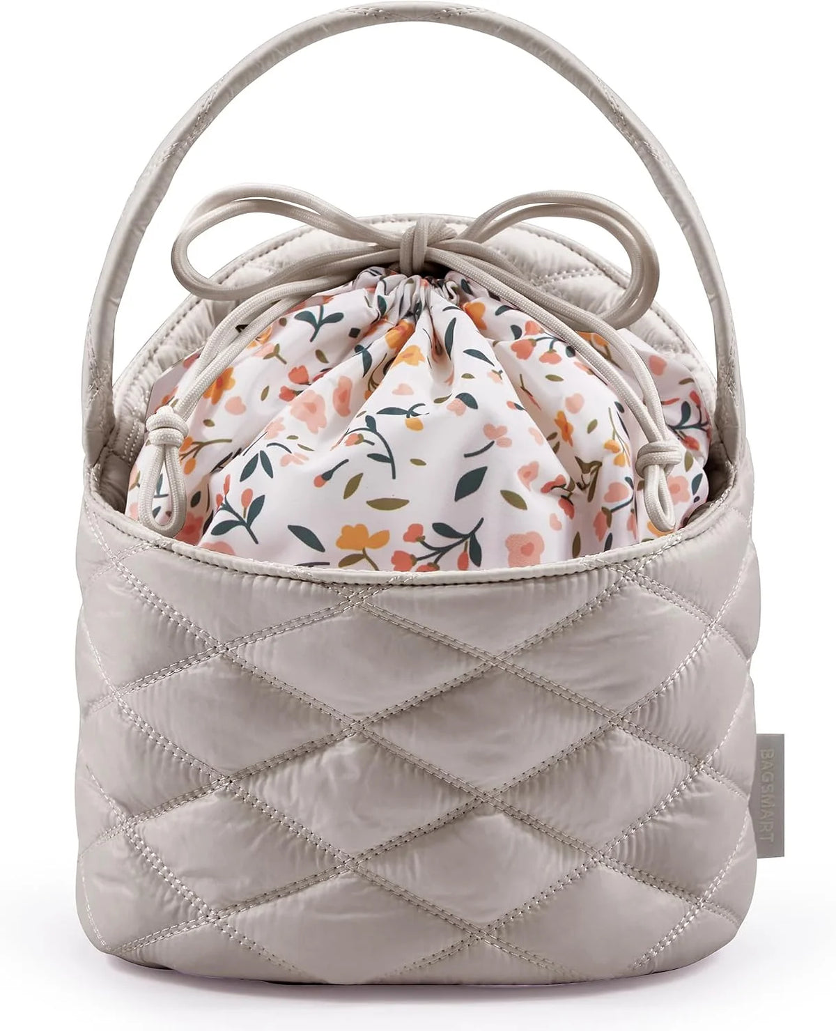 BAGSMART Barrel Drawstring Makeup Bag, Travel Toiletry Bag, Large Cosmetic Bag, Portable Make Up Bags for Women Toiletries Accessories Brush, Khaki