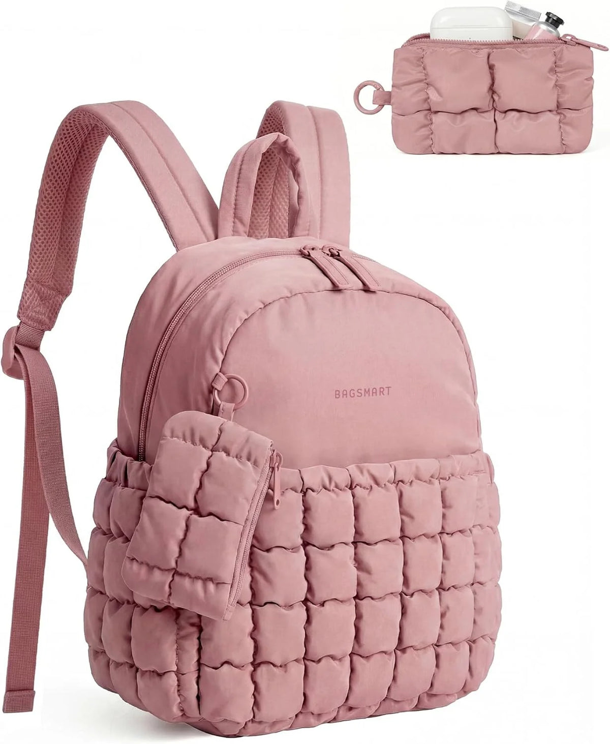 BAGSMART Mini Backpacks for Women, Puffy Checkered Quilted with Pouch
