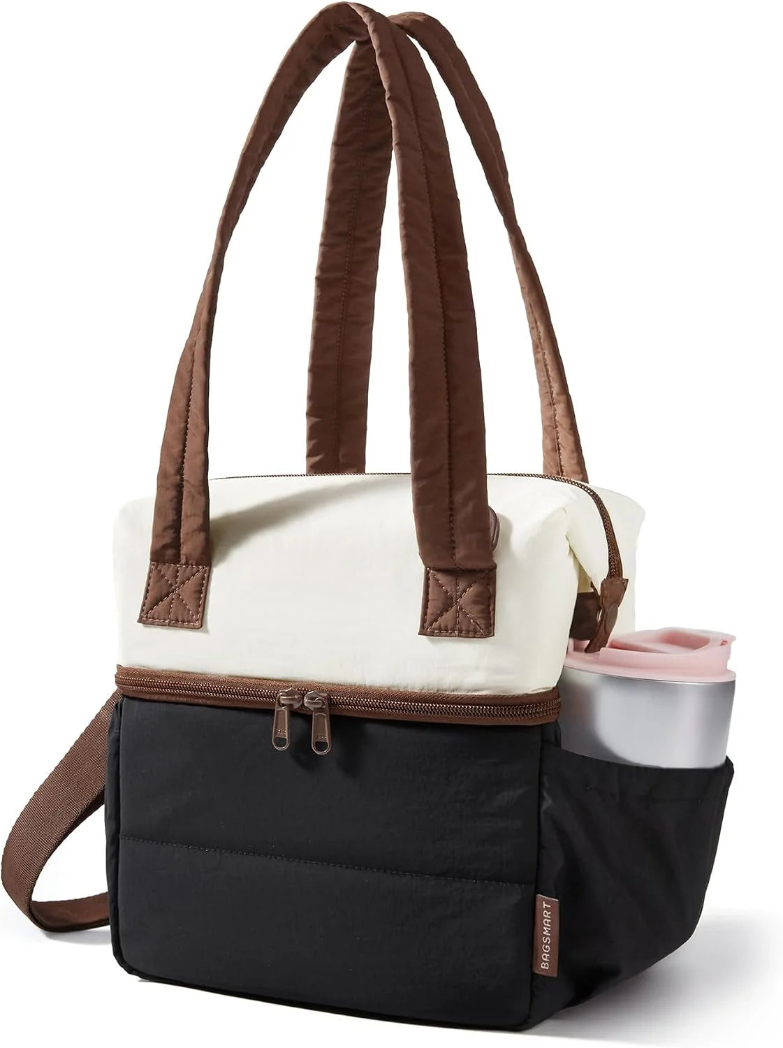 BAGSMART Double Deck Lunch Bag Women, Insulated Reusable Lunch Box, Quilted Puffer Lunch Tote with Shoulder Strap, Durable Large Lunch Cooler For Work Picnic Travel Meal Prep Flight, Beige + Black