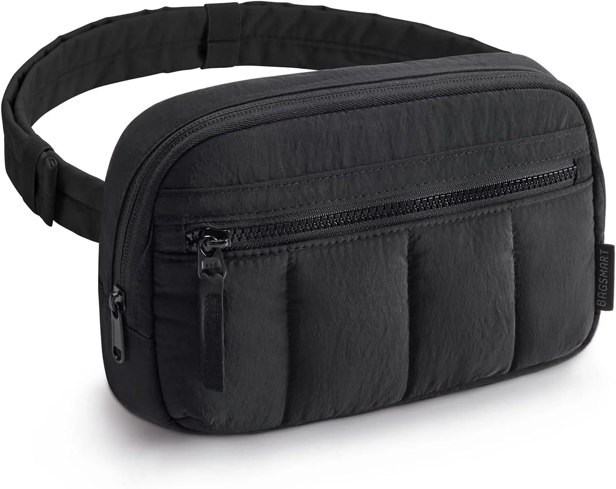 BAGSMART Fanny Packs for Women Cross Body, Quilted Puffy Belt Bag with Pockets, Fashion Waist Packs for Traveling Hiking Black