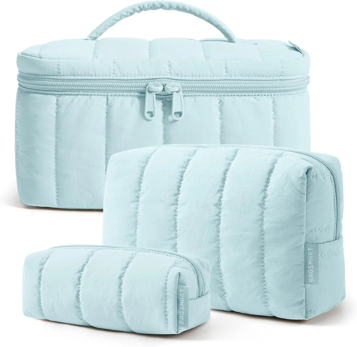 BAGSMART Travel Makeup Bag Set, 3 Pc Puffy Cosmetic Pouch, Glacier Blue