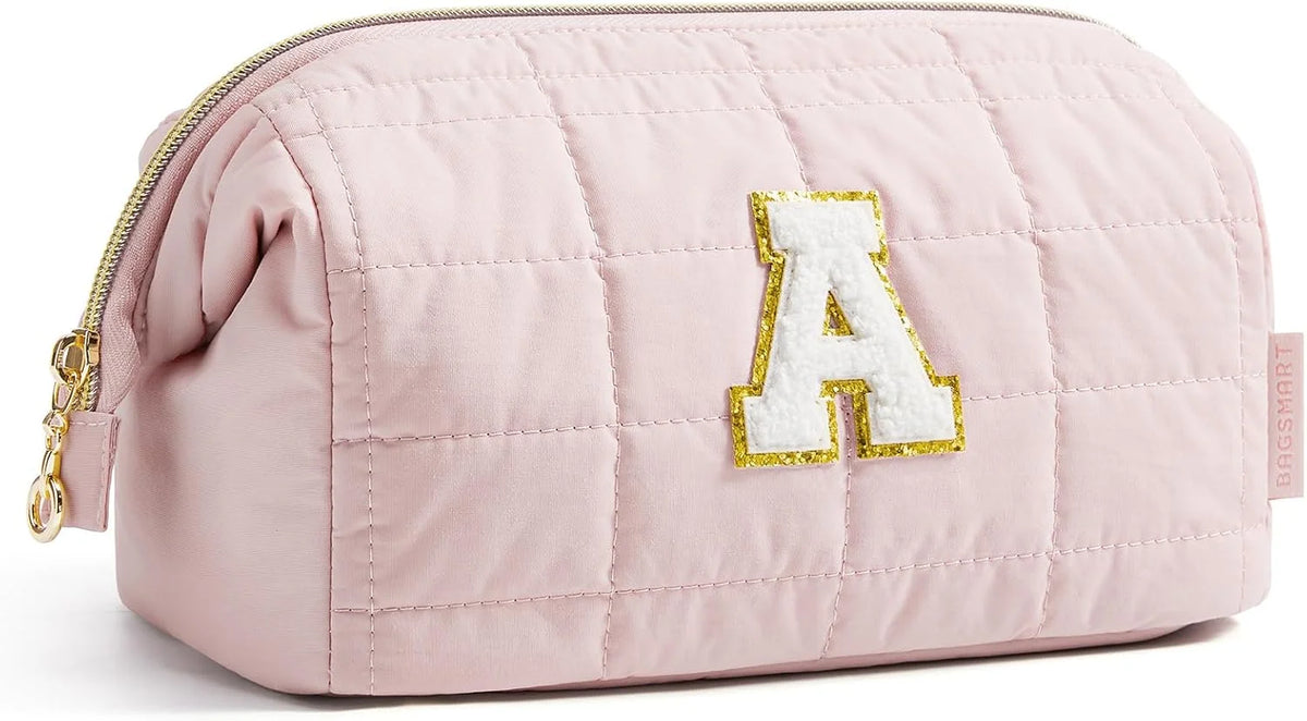 BAGSMART Birthday Gifts Personalized Initial Makeup Bag, Trendy Stuff Gifts for Women Bridesmaid Graduation, Puffy Padded Make Up Bags for Women, Wide-open Toiletry Bag, Pink A