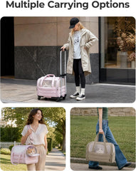 BAGSMART Rolling Cat Carrier with Wheels, Soft-Sided Pet Travel Bag, Pink