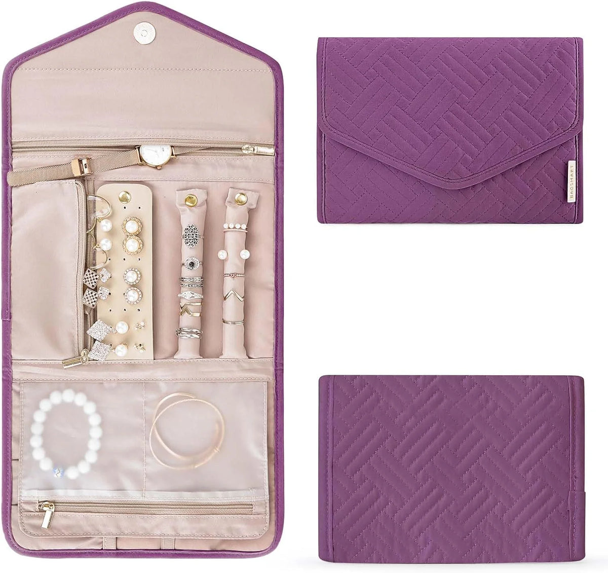 BAGSMART Travel Jewelry Organizer Roll Foldable Jewelry Case,Purple