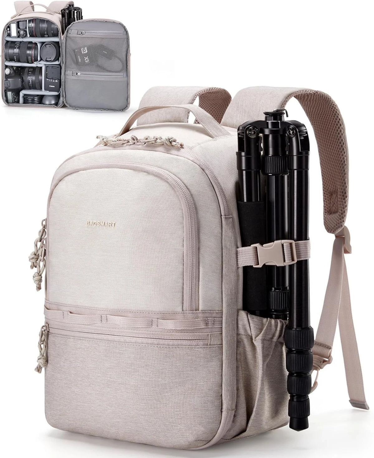 BAGSMART 2 in 1 Small Camera Backpack for DSLR, Fits 12.9" iPad, Beige