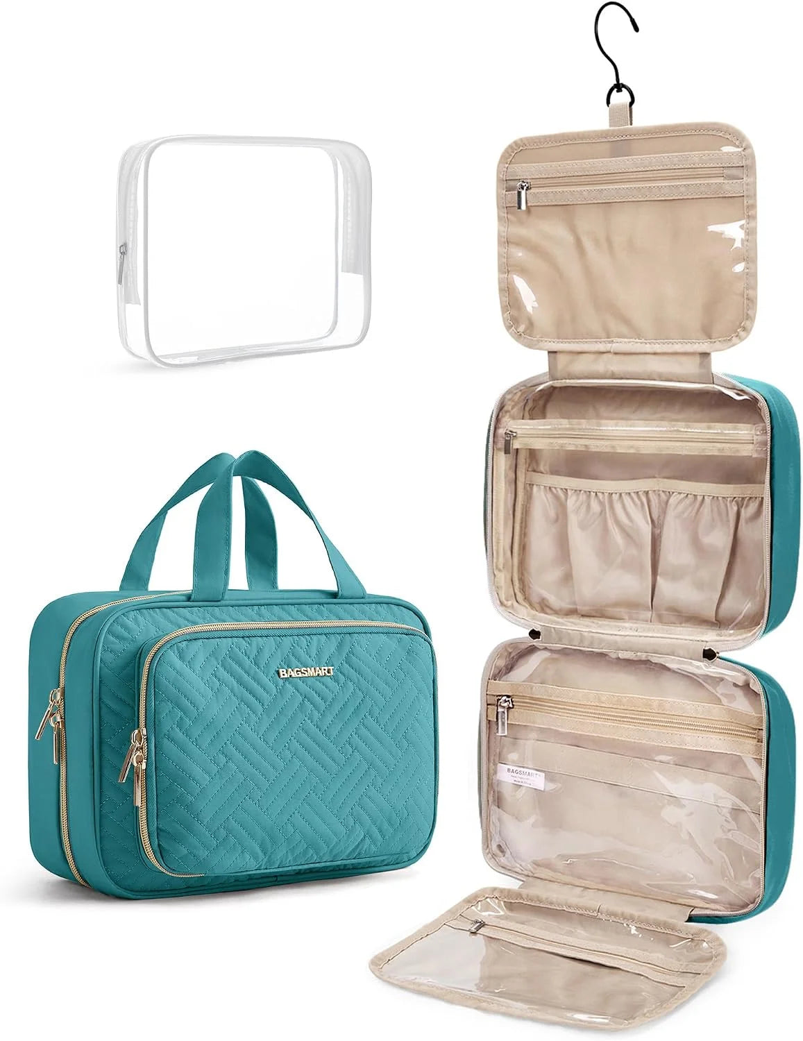 BAGSMART Toiletry Bag Hanging Travel Makeup Organizer with TSA Approved Transparent Cosmetic Bag Makeup Bag for Full Sized Toiletries, Large-Blue