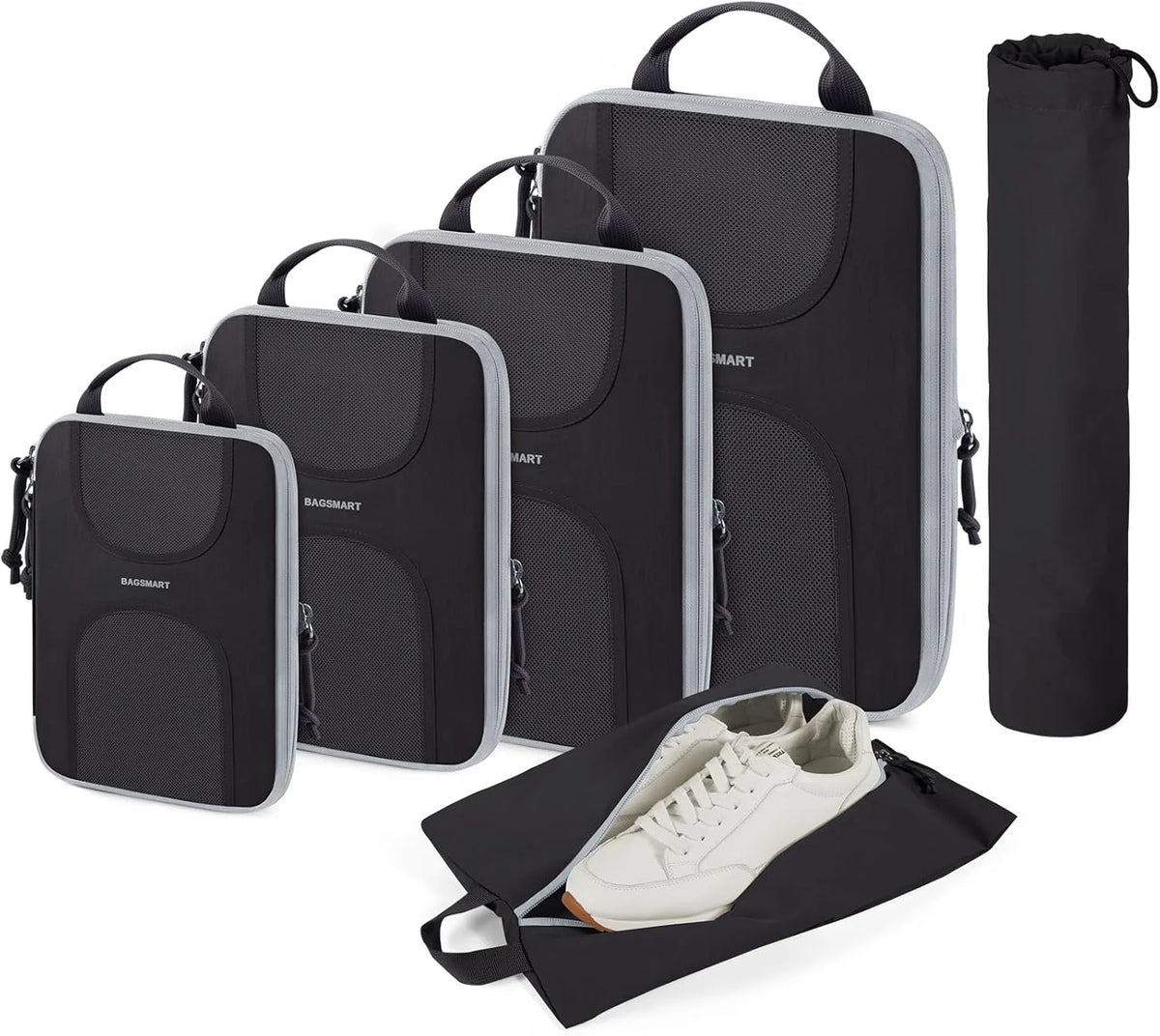 BAGSMART Compression Packing Cubes, 6 Set Packing Cubes for Suitcases, Lightweight Suitcases Organizers Bag Set & Compression Travel Cubes, Travel Essentials Packing Organizers Black