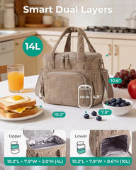 BAGSMART Corduroy Large Lunch Bag Women 14L Double Deck Insulated Lunch Box