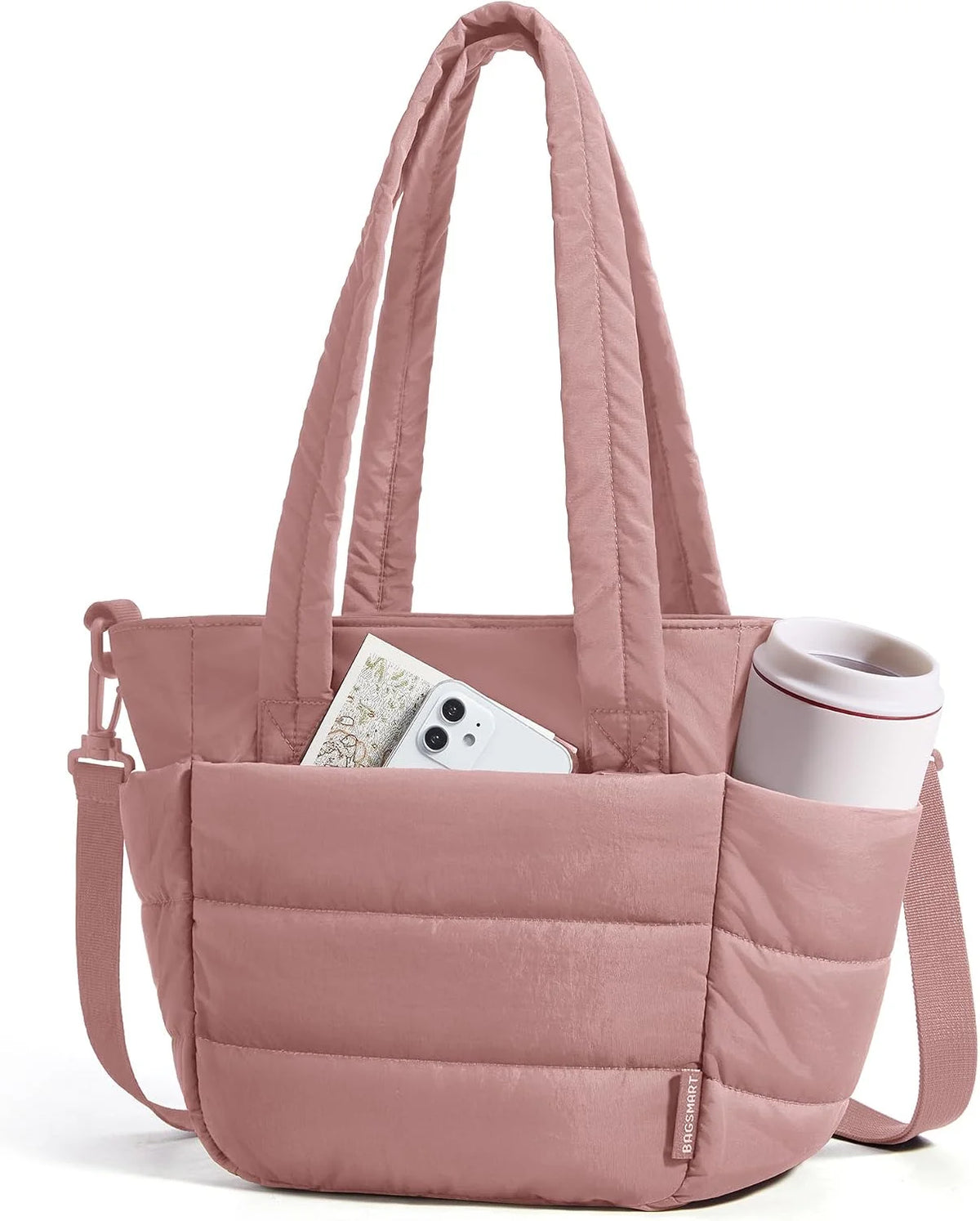 BAGSMART Lunch Bag Women Small Insulated Tote with Lunch Compartment Quilted Lightweight Puffy Tote Bag for Work, Travel, Outdoor, Nude Pink