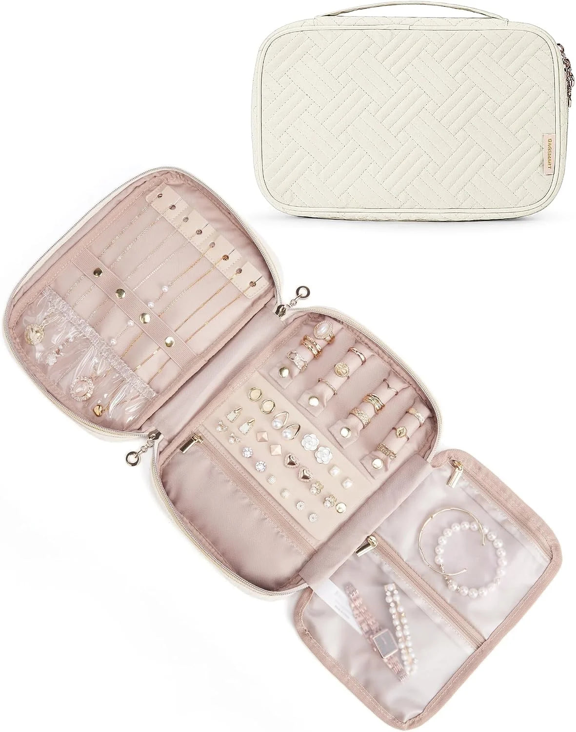 BAGSMART Travel Jewelry Organizer, Tangle-free Necklaces Case,Beige