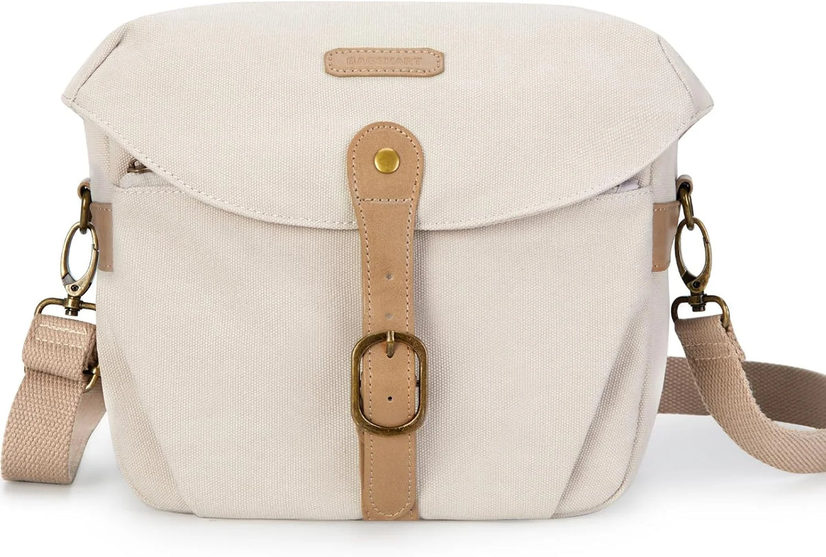 BAGSMART Canvas Crossbody Camera Bag with Rain Cover Women Men, Ivory White