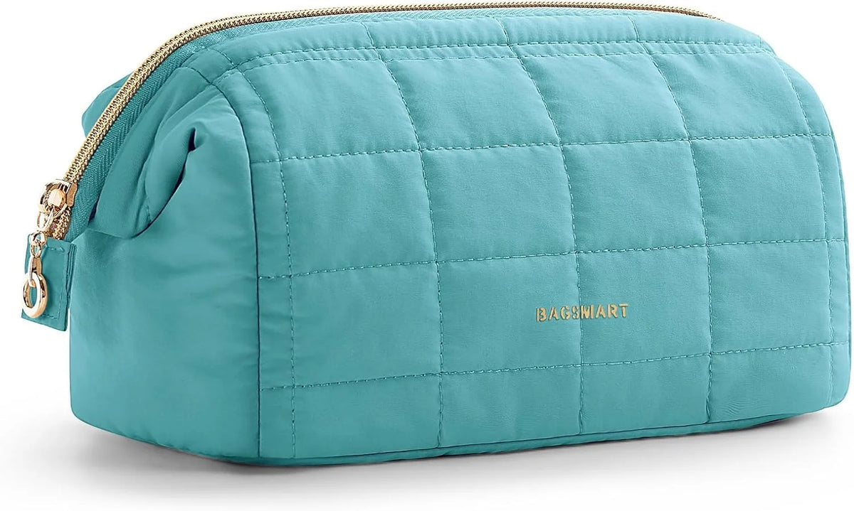 BAGSMART Makeup Bag Travel Toiletry Bag, Puffy Padded Make Up Bags for Women Makeup Organizer Case, Wide-open Pouch Purse Travel Essentials Toiletries Accessories Brushes, Lake Green