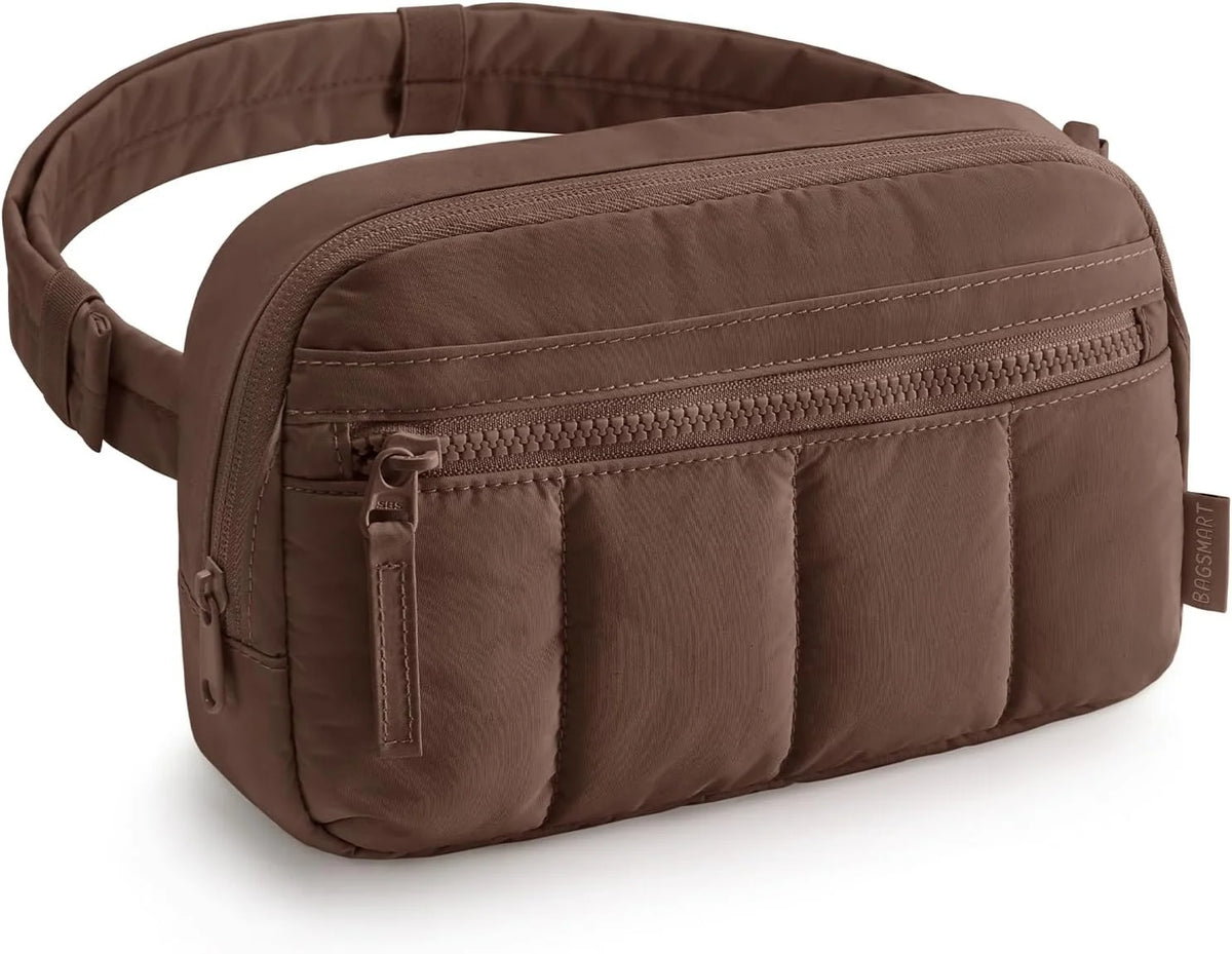 BAGSMART Fanny Packs for Women Cross Body, Quilted Puffy Belt Bag with Pockets, Fashion Waist Packs for Traveling Hiking, Chocolate